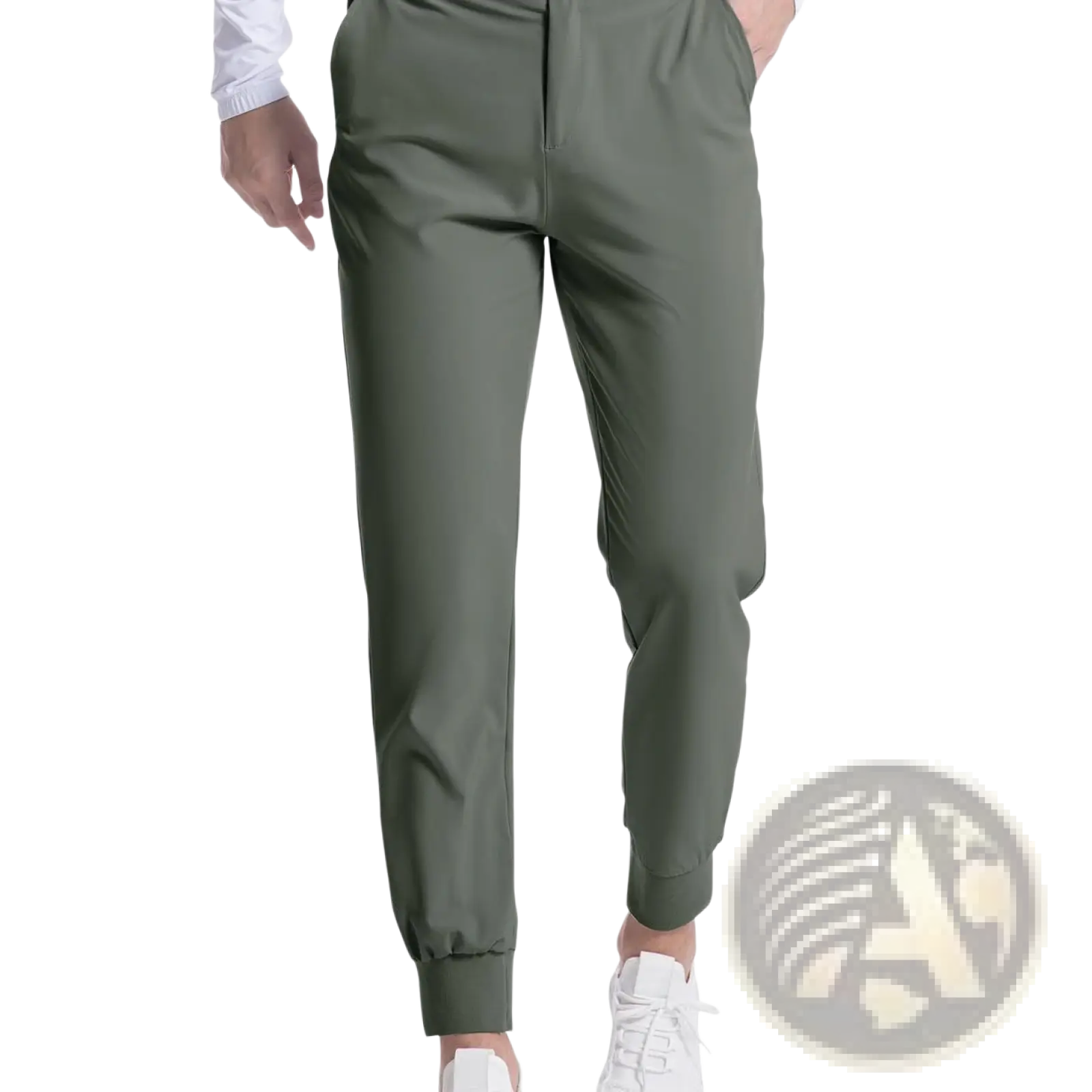 Olive green slim-fit stretch men’s golf jogger pants with elastic cuffs designed for comfort and performance