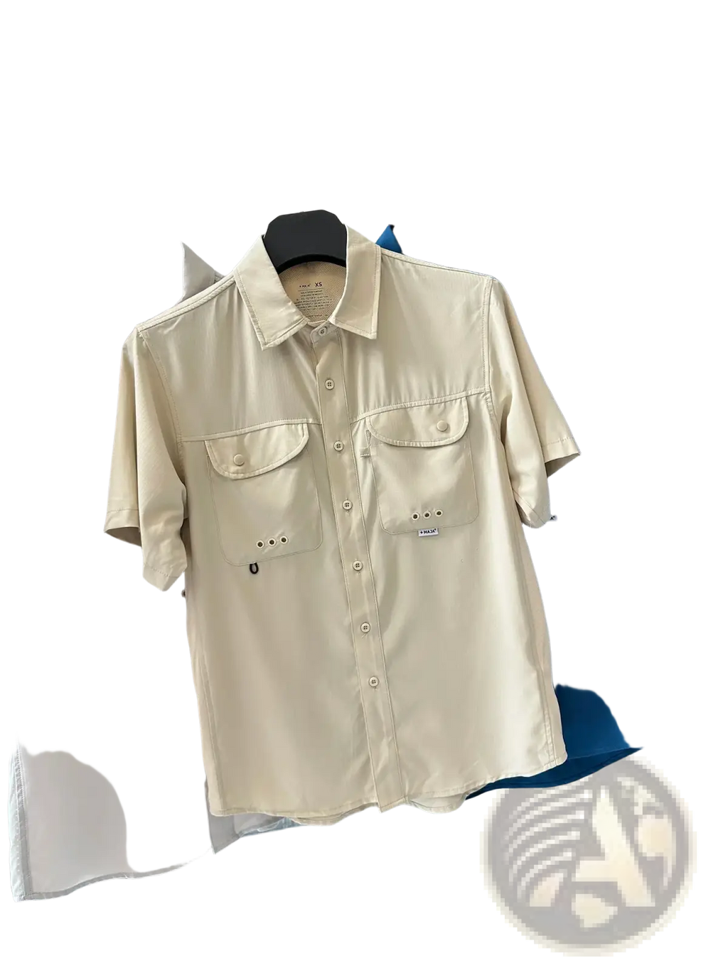 Beige men’s stretch outdoor shirt with short sleeves, two chest pockets, subtle stitching, and quick dry fabric