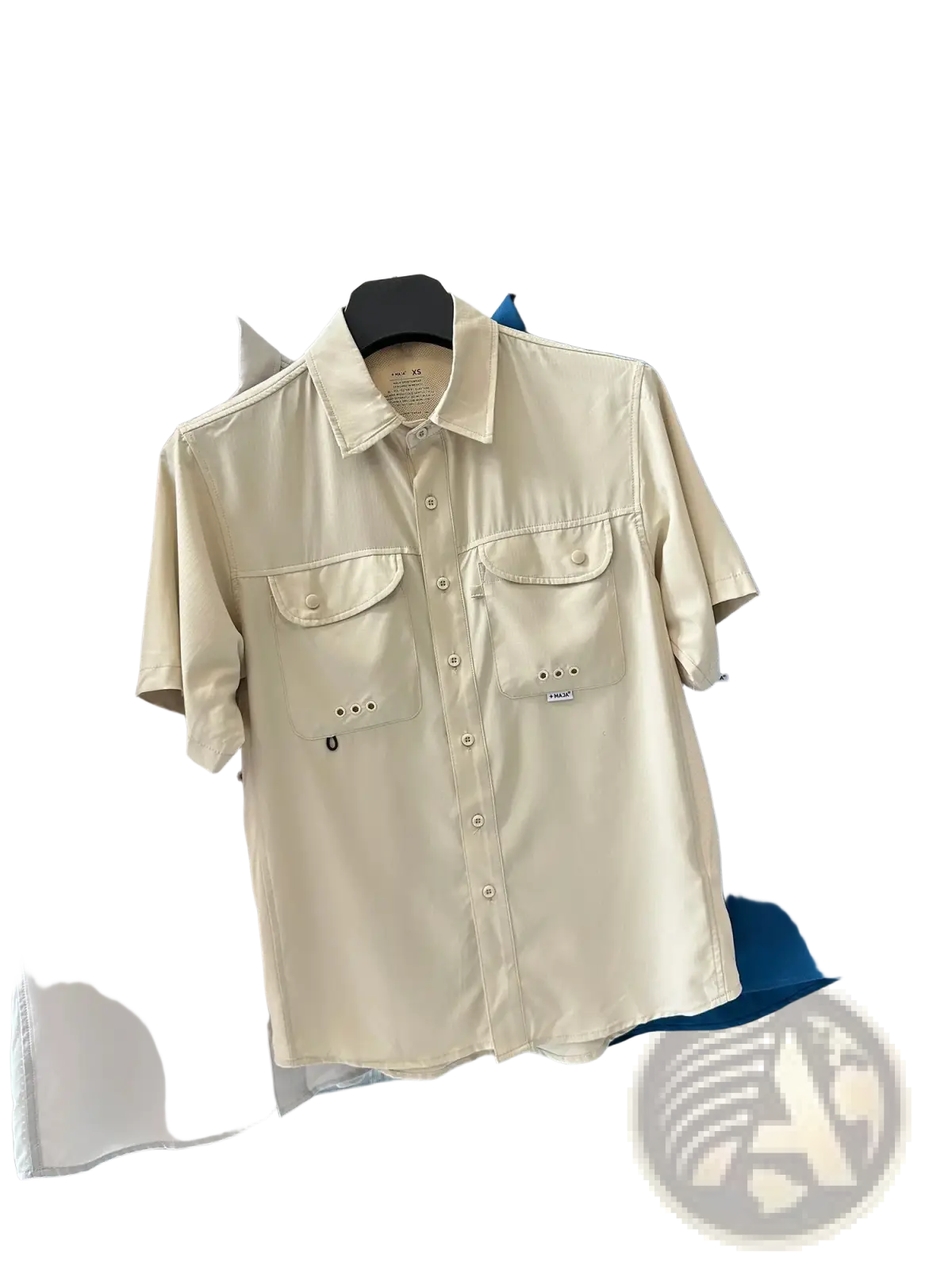 Beige men’s stretch outdoor shirt with short sleeves, two chest pockets, subtle stitching, and quick dry fabric