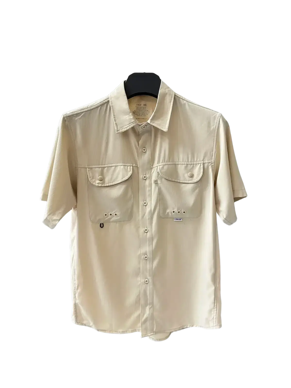 Beige men’s stretch outdoor shirt with quick dry fabric short sleeves two chest pockets and collar for outdoor use