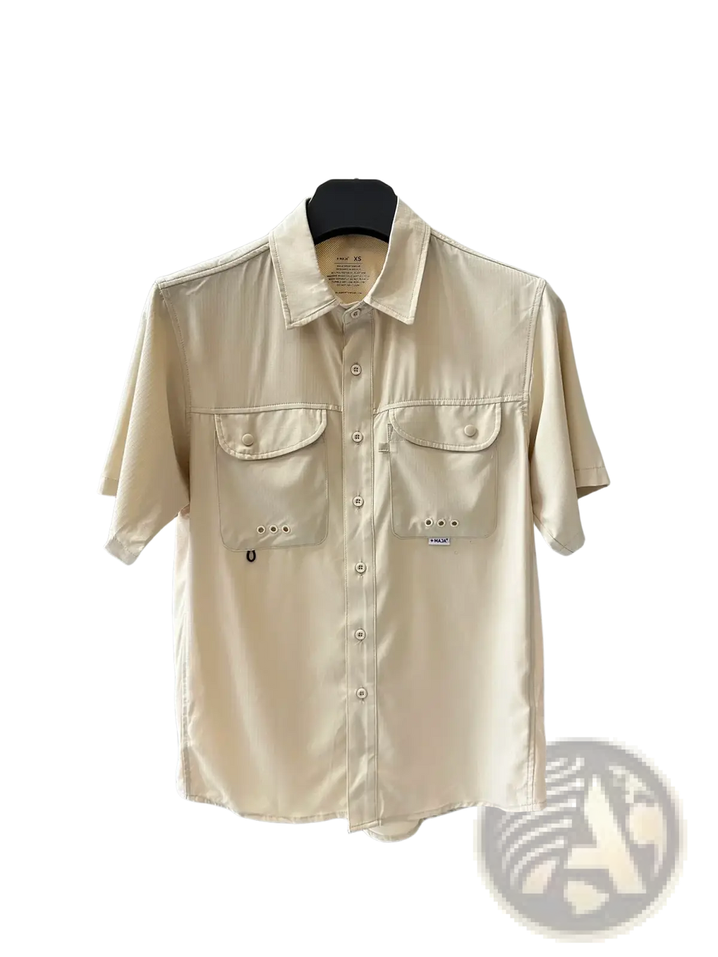 Beige men’s stretch outdoor shirt with short sleeves, button-up front, collar, and two chest pockets, quick dry fabric