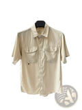 Beige men’s stretch outdoor shirt with short sleeves, button-up front, collar, and two chest pockets, quick dry fabric