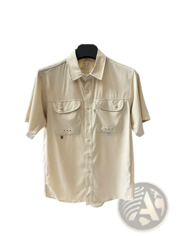Beige men’s stretch outdoor shirt with short sleeves, button-up front, collar, and two chest pockets, quick dry fabric
