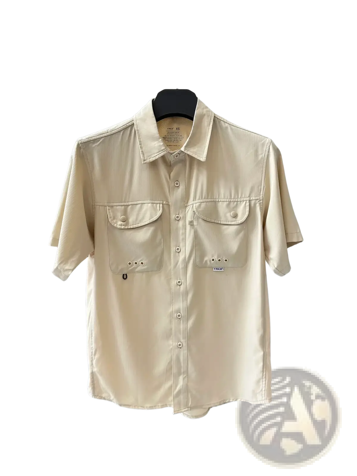 Beige men’s stretch outdoor shirt with short sleeves, button-up front, collar, and two chest pockets, quick dry fabric