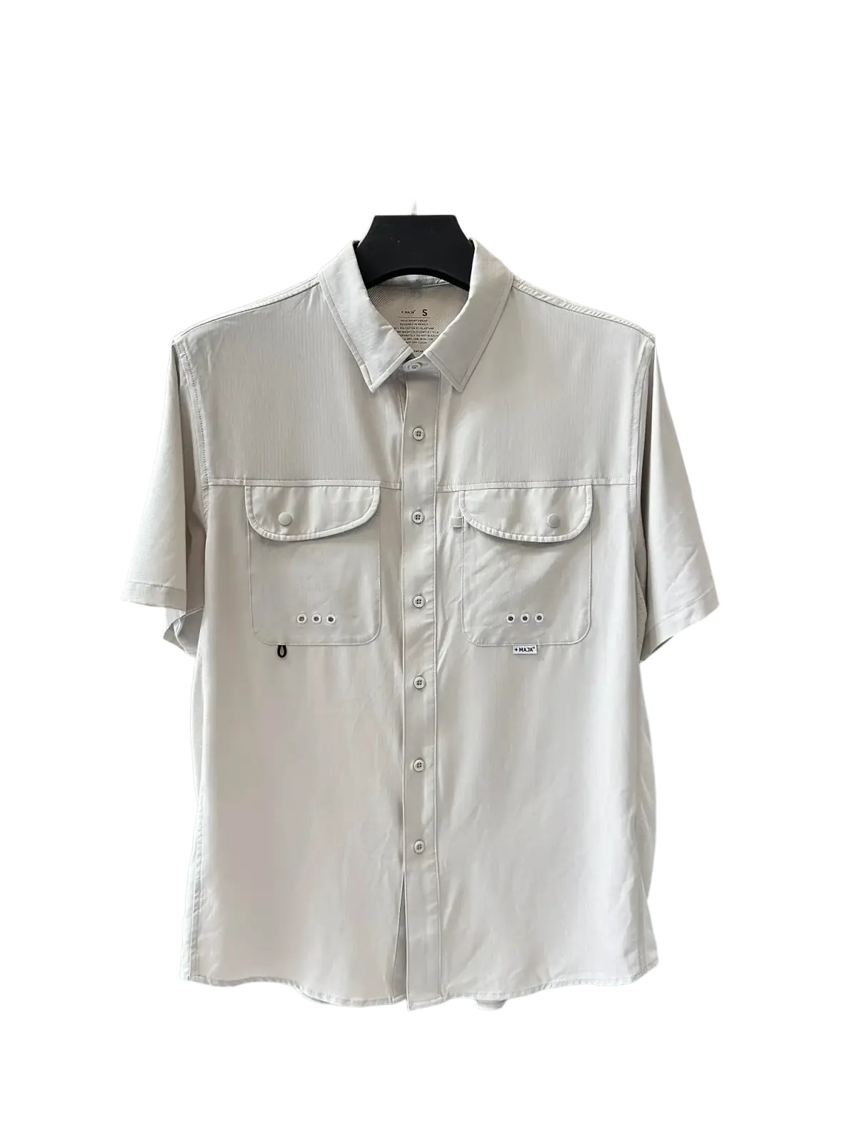 Men’s light beige stretch outdoor shirt with short sleeves button-up design quick dry textured fabric and chest pockets