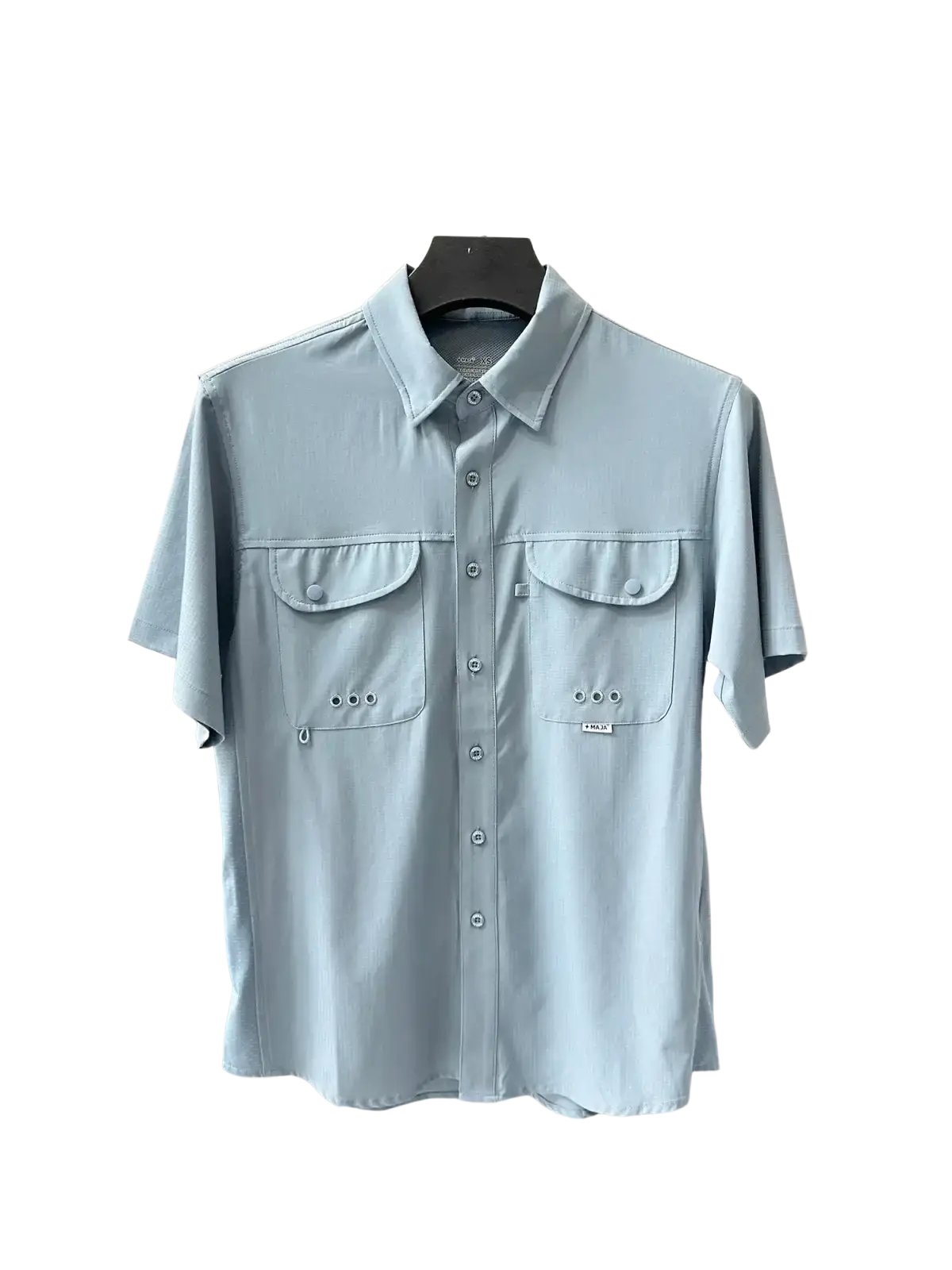 Light blue men’s stretch outdoor shirt with quick dry fabric, short sleeves, button-up front, and two chest pockets