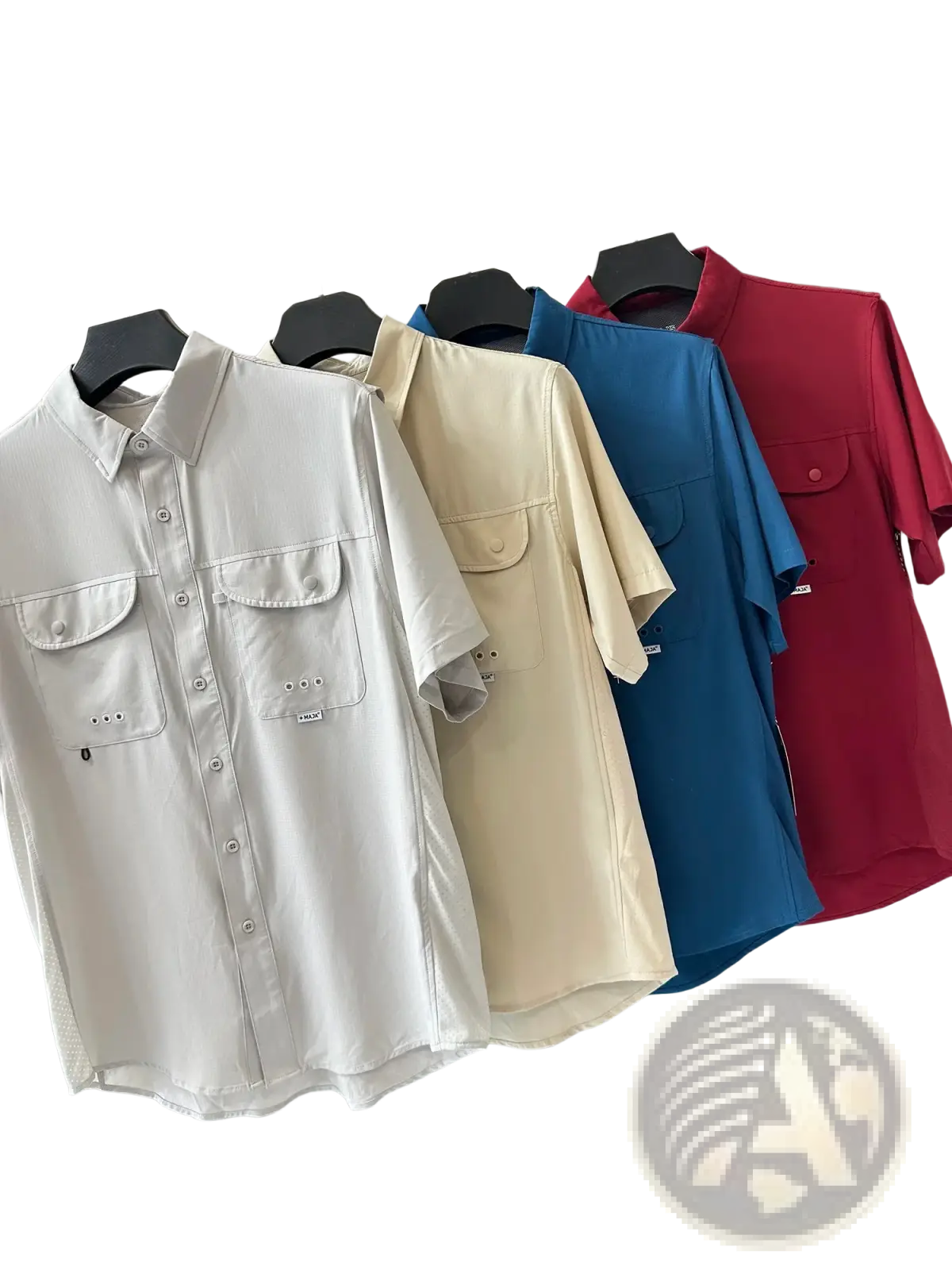A row of men’s stretch outdoor quick dry shirts in cream beige blue and red hanging on black hangers