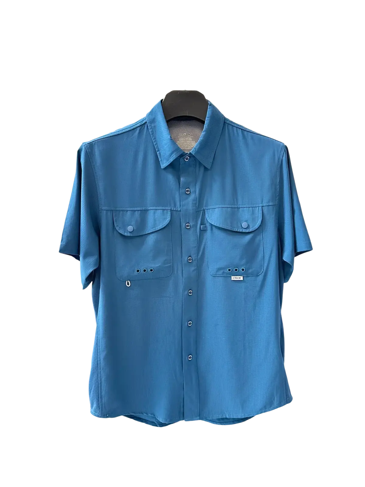 Men’s vibrant blue stretch outdoor shirt with quick dry fabric short sleeves chest pockets and textured weave