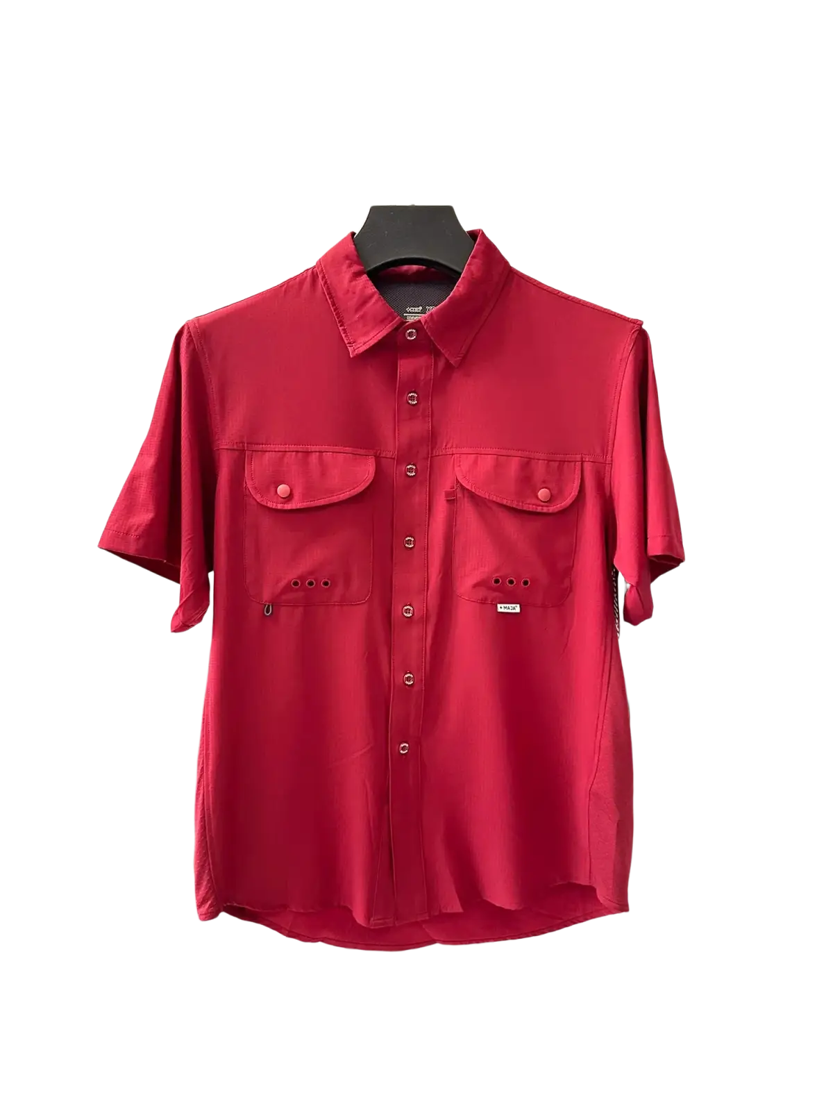 Vibrant red men’s stretch outdoor shirt with short sleeves, two chest pockets, classic collar, and quick dry fabric