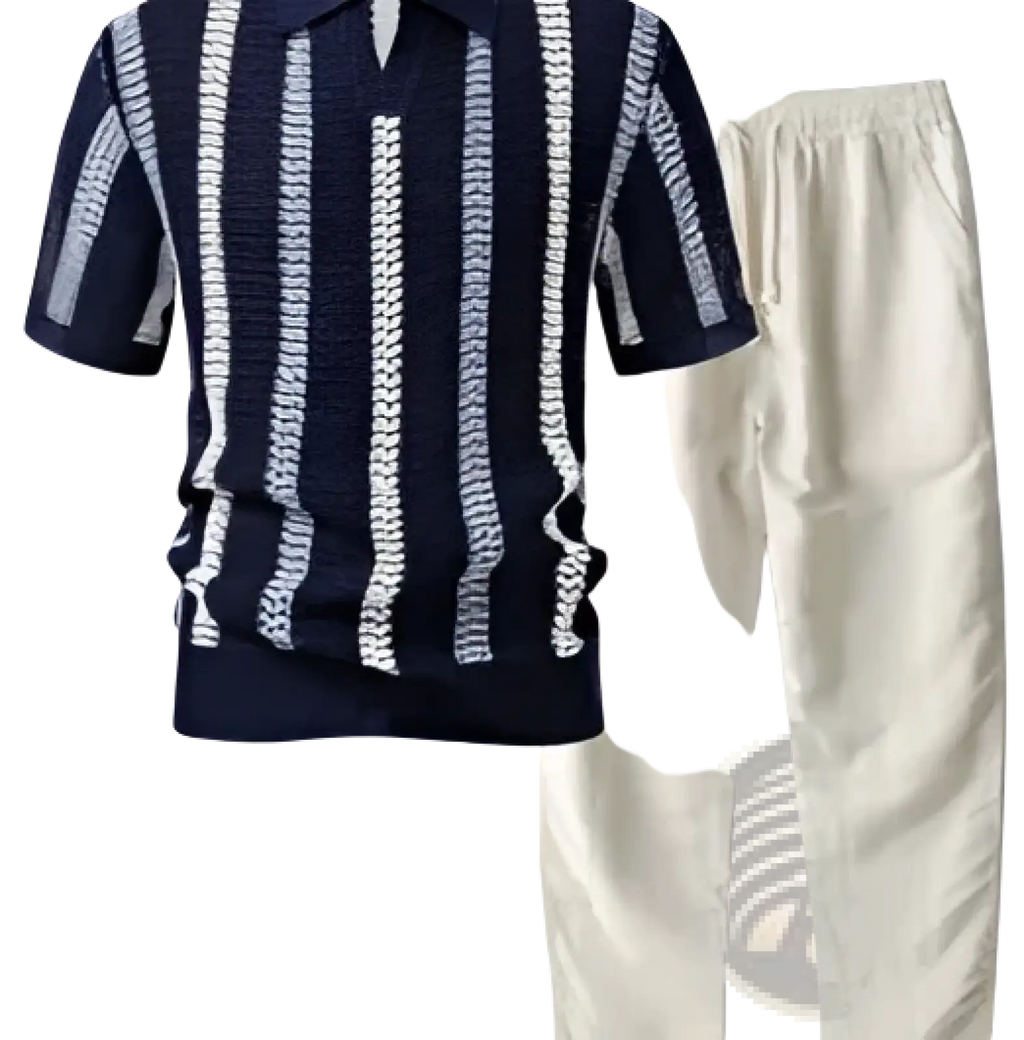 Men’s striped breathable knit summer polo shirt in navy blue and white paired with light beige trousers