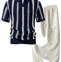 Men’s striped breathable knit summer polo shirt in navy blue and white paired with light beige trousers