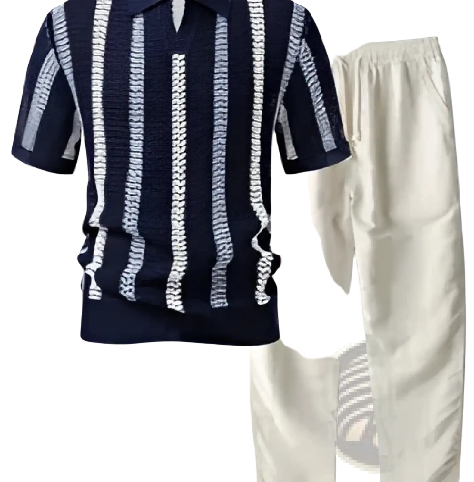 Men’s striped breathable knit summer polo shirt in navy blue and white paired with light beige trousers