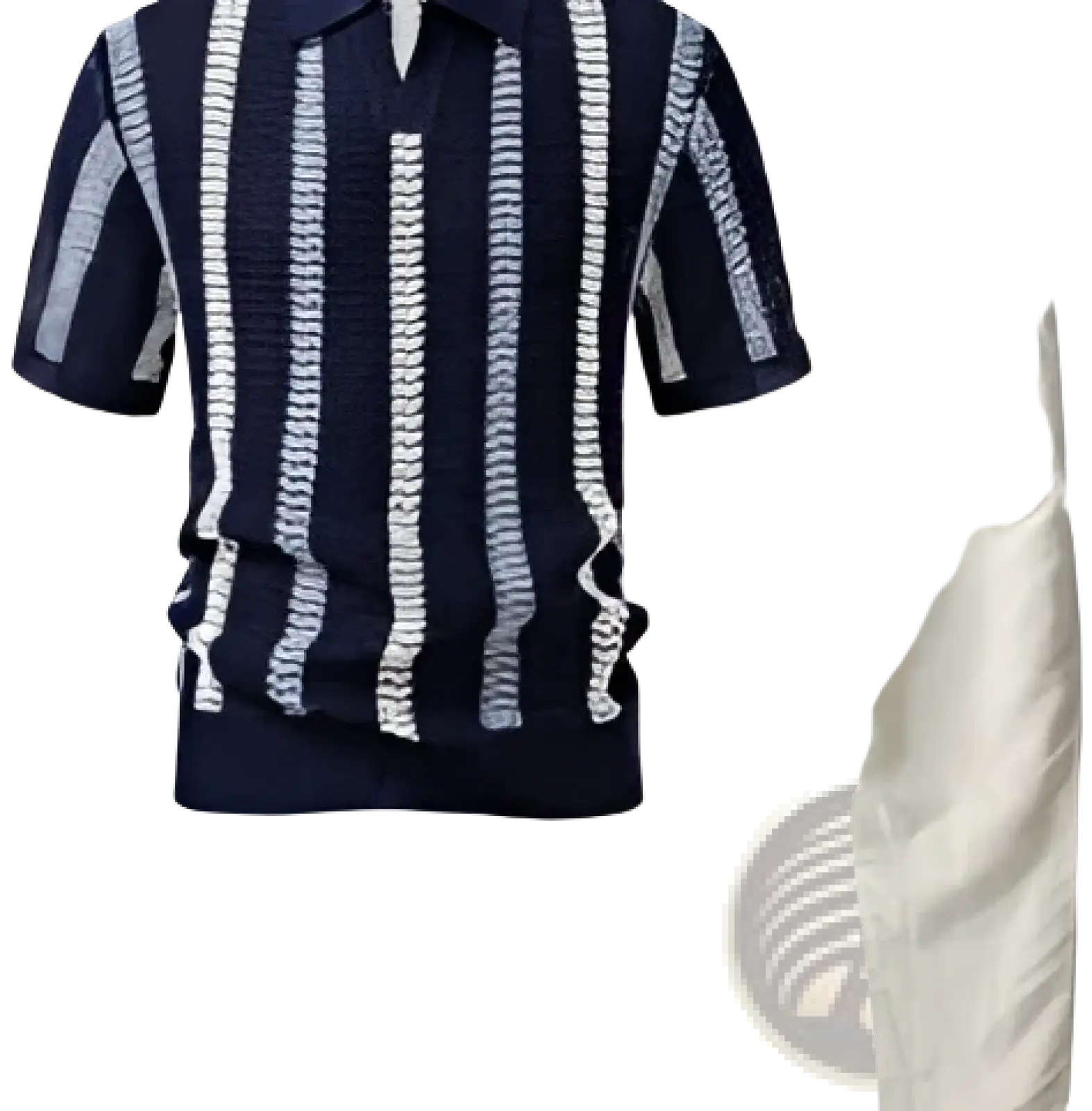 Men’s striped breathable knit summer polo shirt in navy blue and white with short sleeves and textured pattern