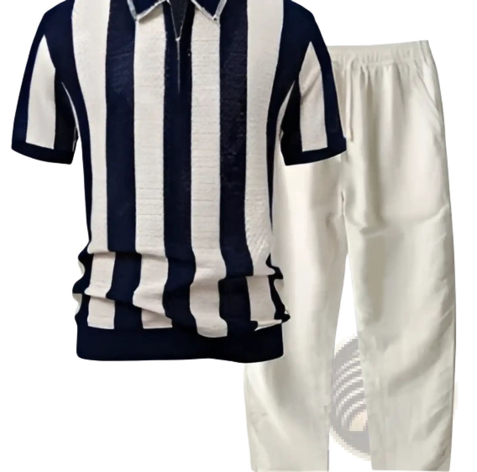 Men’s striped breathable knit summer polo shirt in navy and white with short sleeves and mesh texture