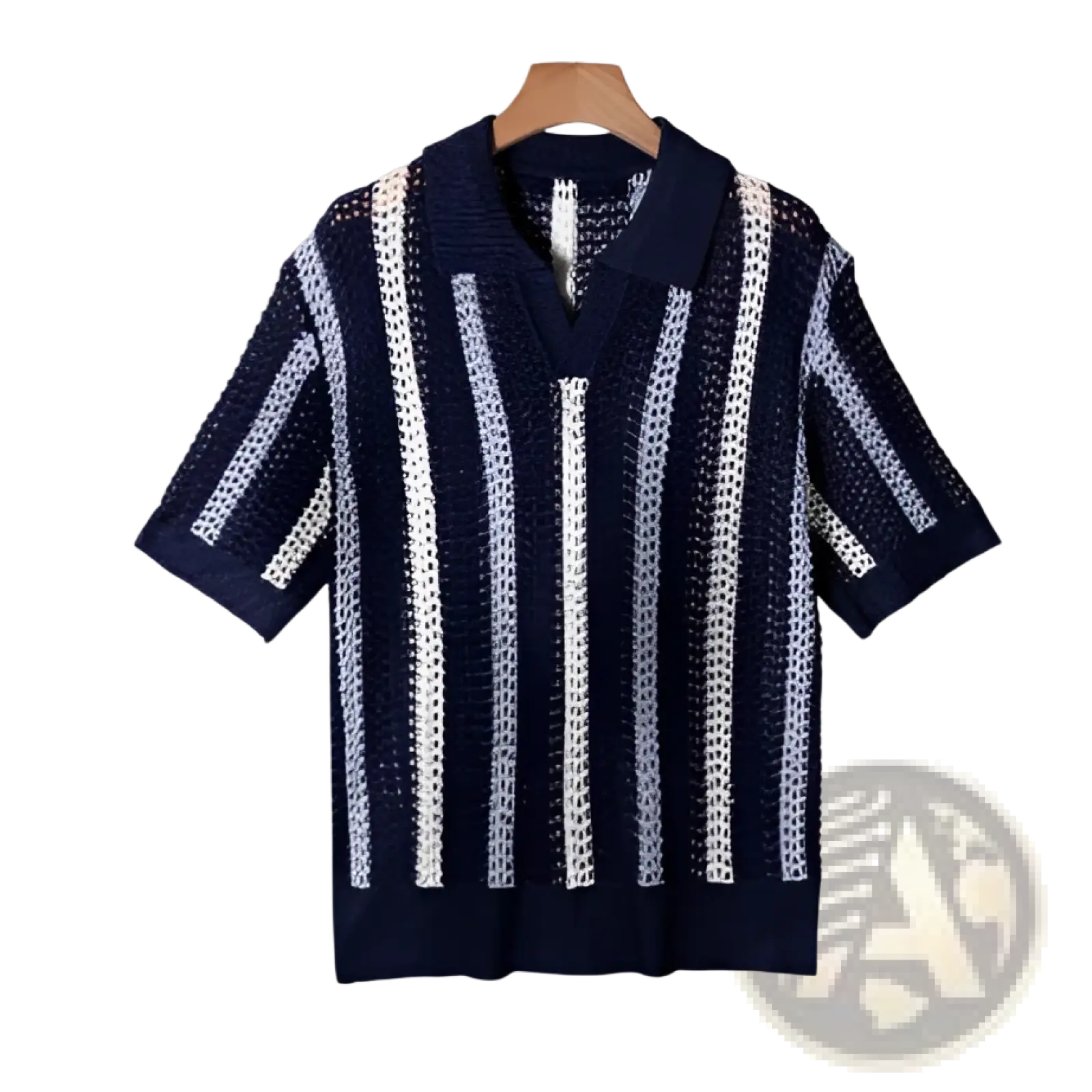 Men’s striped breathable knit summer polo shirt in navy blue and white with short sleeves and an openwork texture