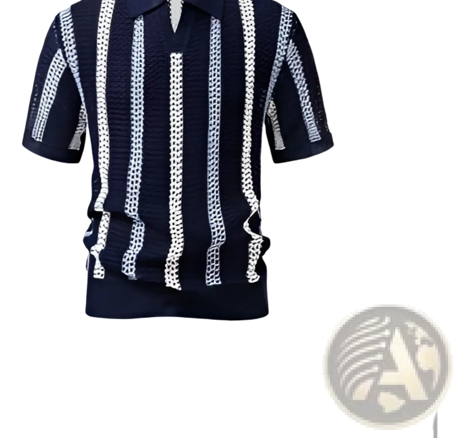 Men’s navy blue and white striped breathable knit summer polo shirt showcasing comfortable lightweight fabric