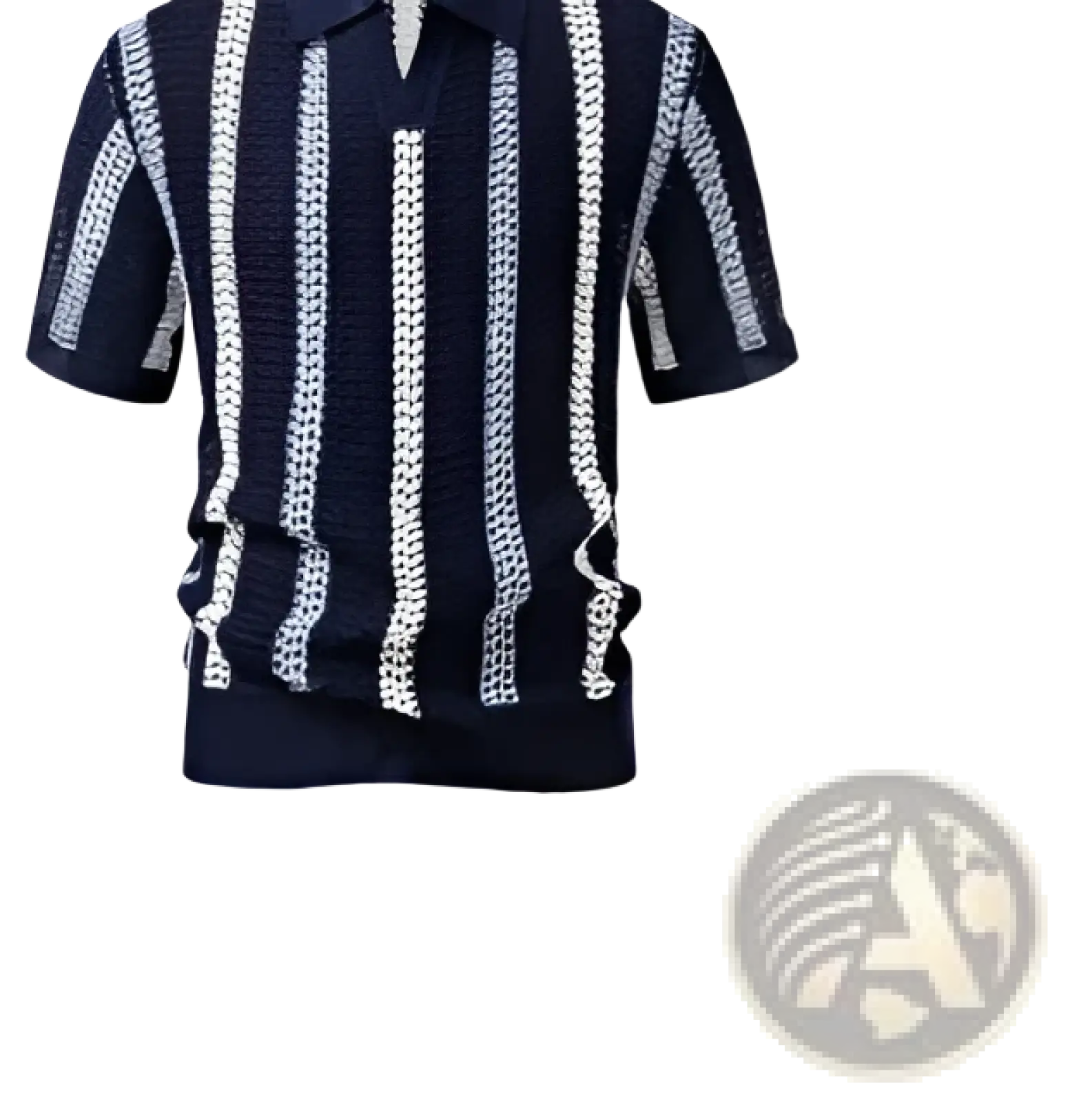 Men’s navy blue and white striped breathable knit summer polo shirt with short sleeves and textured pattern