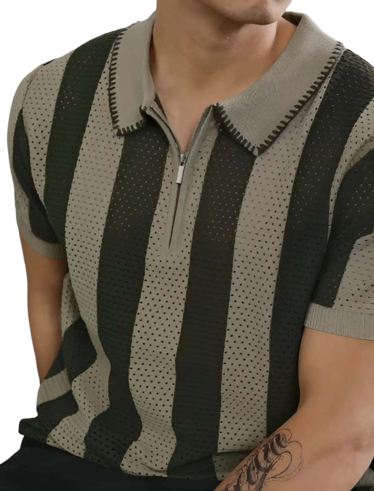 Men’s striped breathable knit summer polo shirt with dark green and beige vertical stripes and mesh texture body