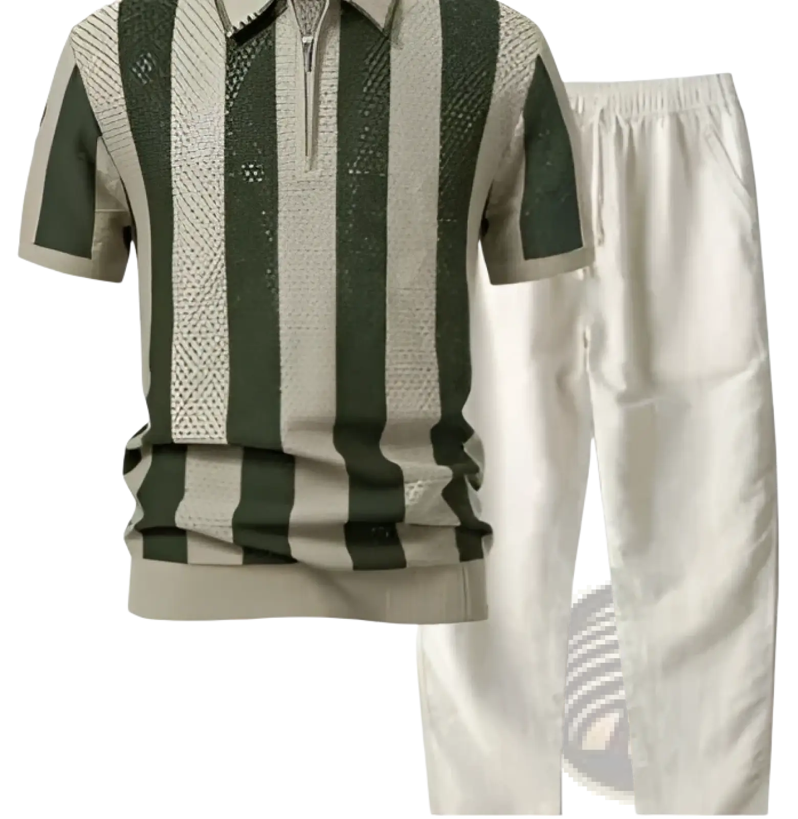 Men’s breathable knit summer polo shirt in green and beige stripes with a zipper collar detail