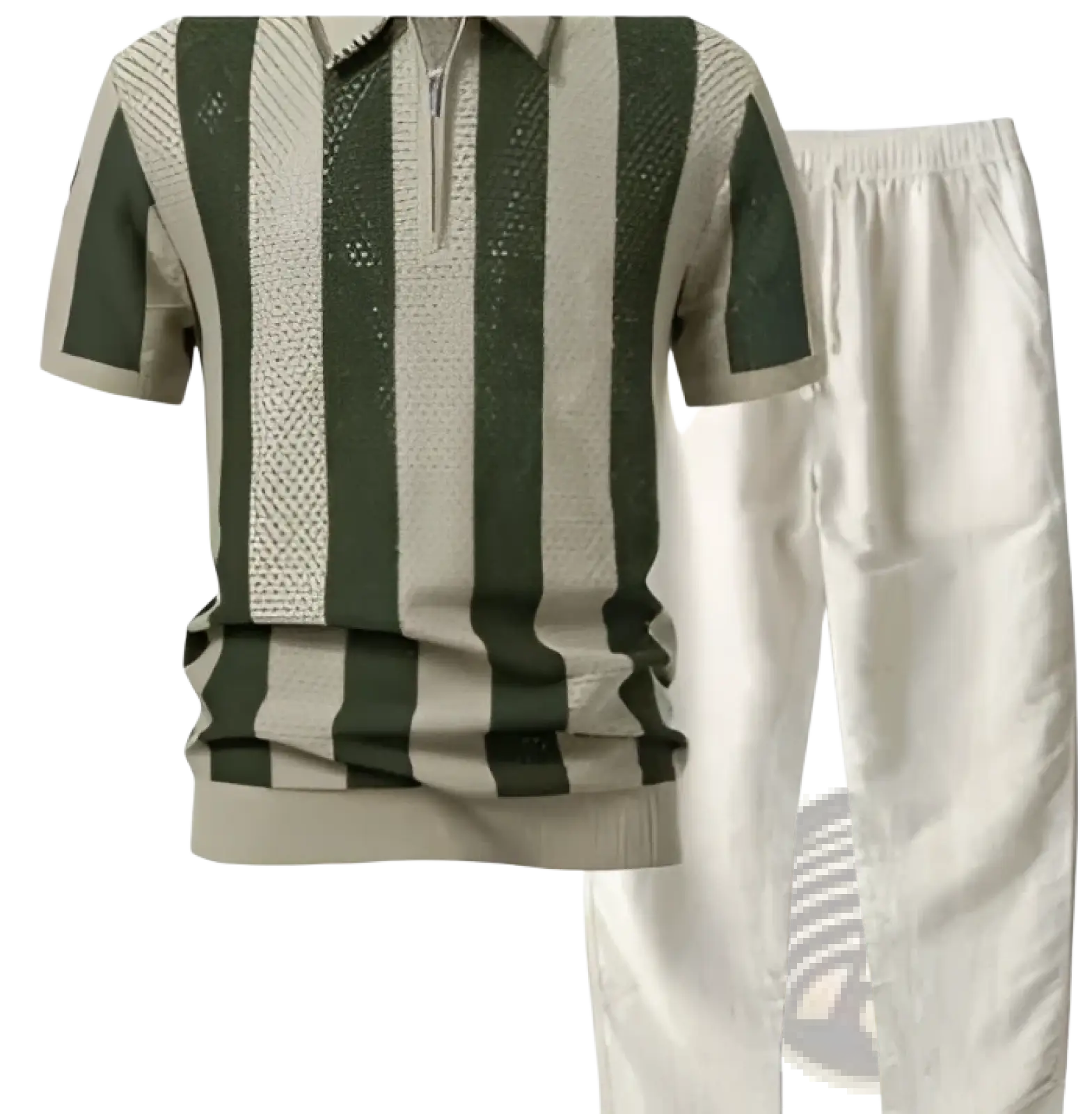 Men’s breathable knit summer polo shirt in green and beige stripes with a half-zip front closure