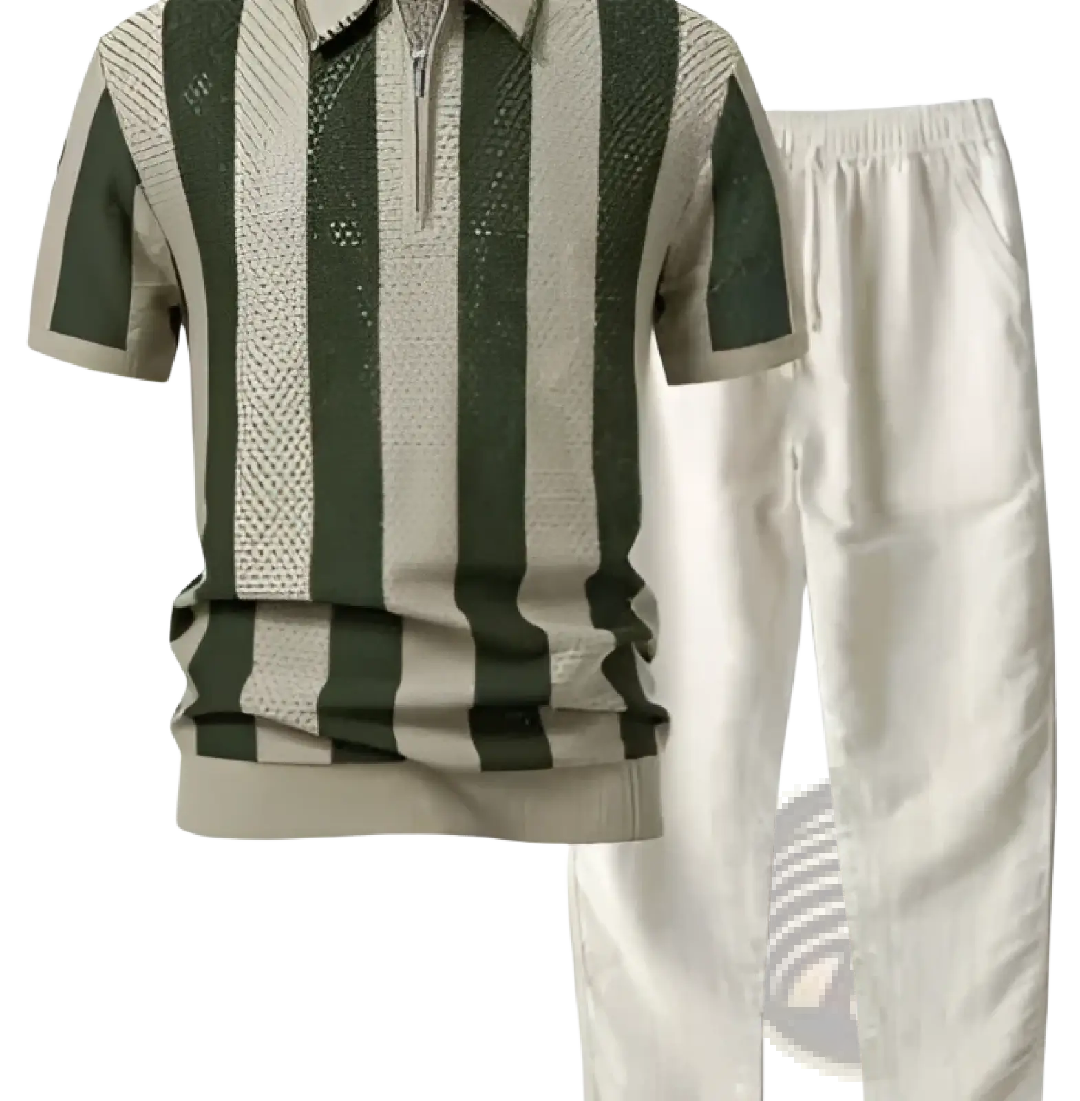 Men’s breathable knit summer polo shirt in green and beige stripes with a zipper collar in knit fabric