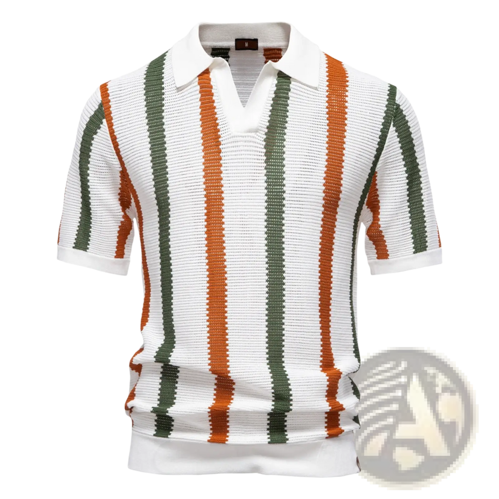 Men’s short-sleeved breathable knit summer polo shirt with textured fabric and vertical white orange and olive green stripes
