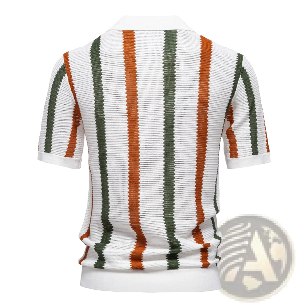 Men’s striped breathable knit summer polo shirt with short sleeves and vertical white orange and olive green stripes