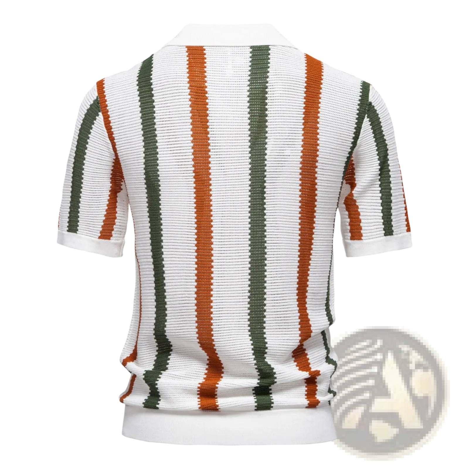 Men’s striped breathable knit summer polo shirt with short sleeves and vertical white orange and olive green stripes