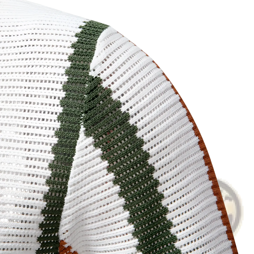 White and olive green striped mesh cap with brown trim complementing men’s breathable knit summer polo shirt