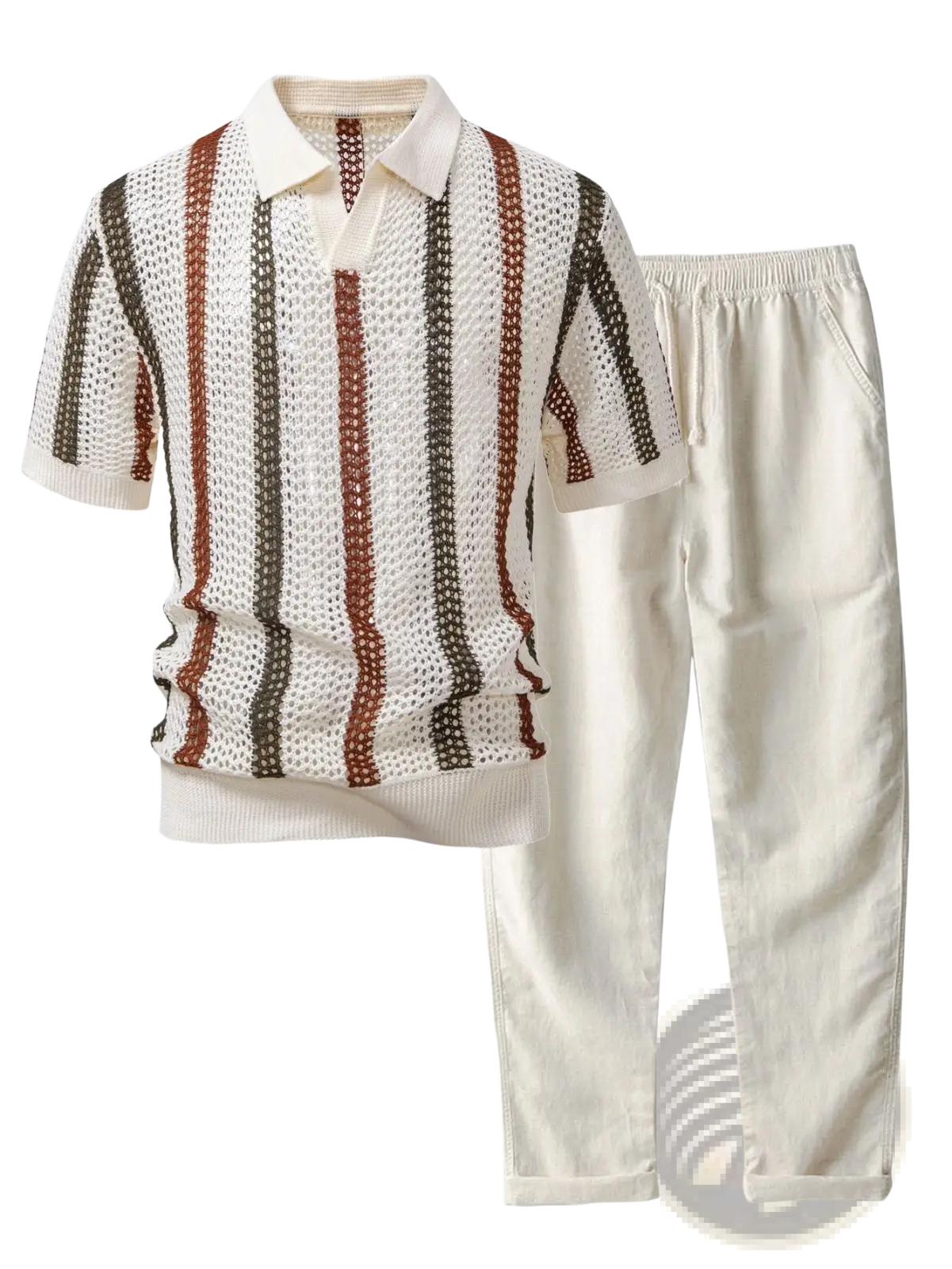Men’s striped breathable knit summer polo shirt with vertical bands of cream rust brown and dark green on white base