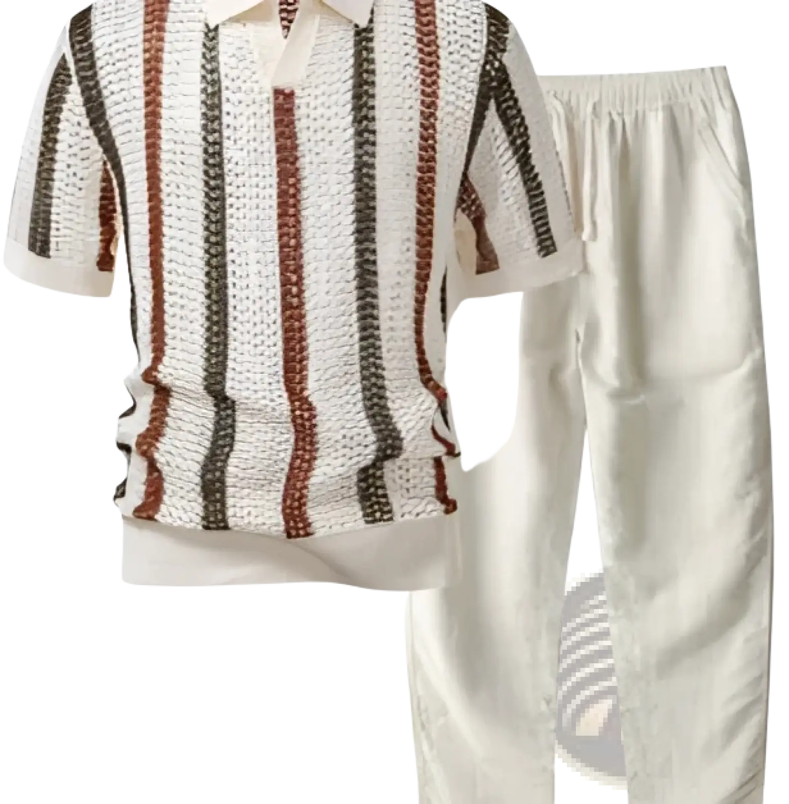 Men’s breathable knit summer polo shirt with white rust red and dark gray vertical stripes and classic collar
