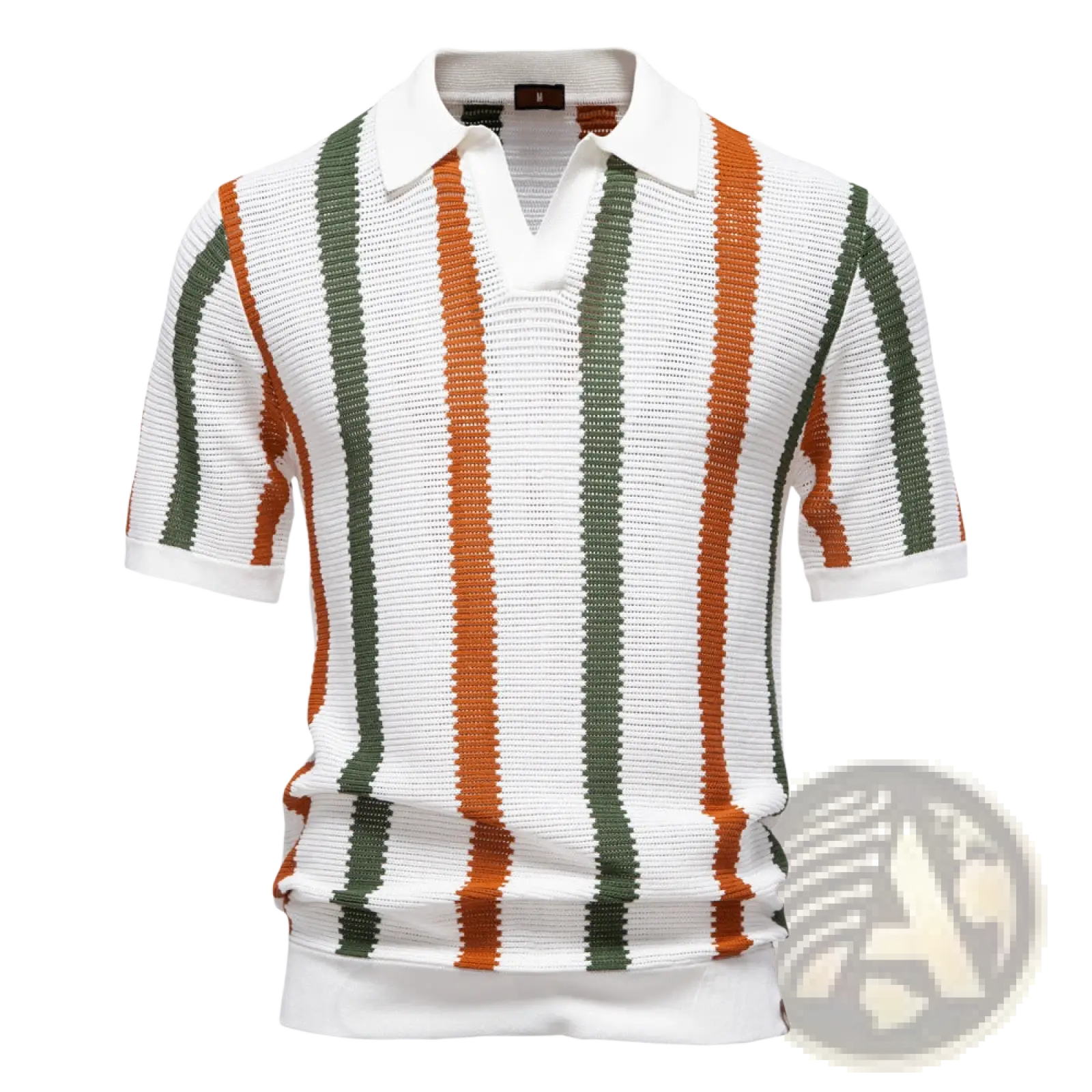 Men’s short-sleeved breathable knit summer polo shirt with textured vertical stripes in white orange and olive green