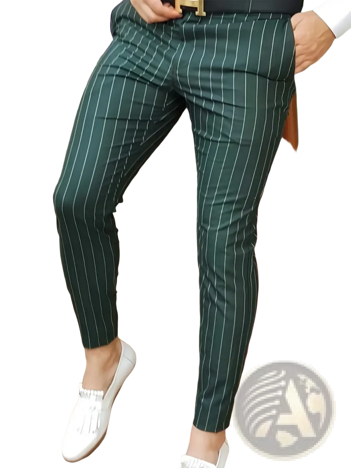 Men’s dark green slim fit pinstripe casual dress pants with white vertical stripes for formal and casual wear