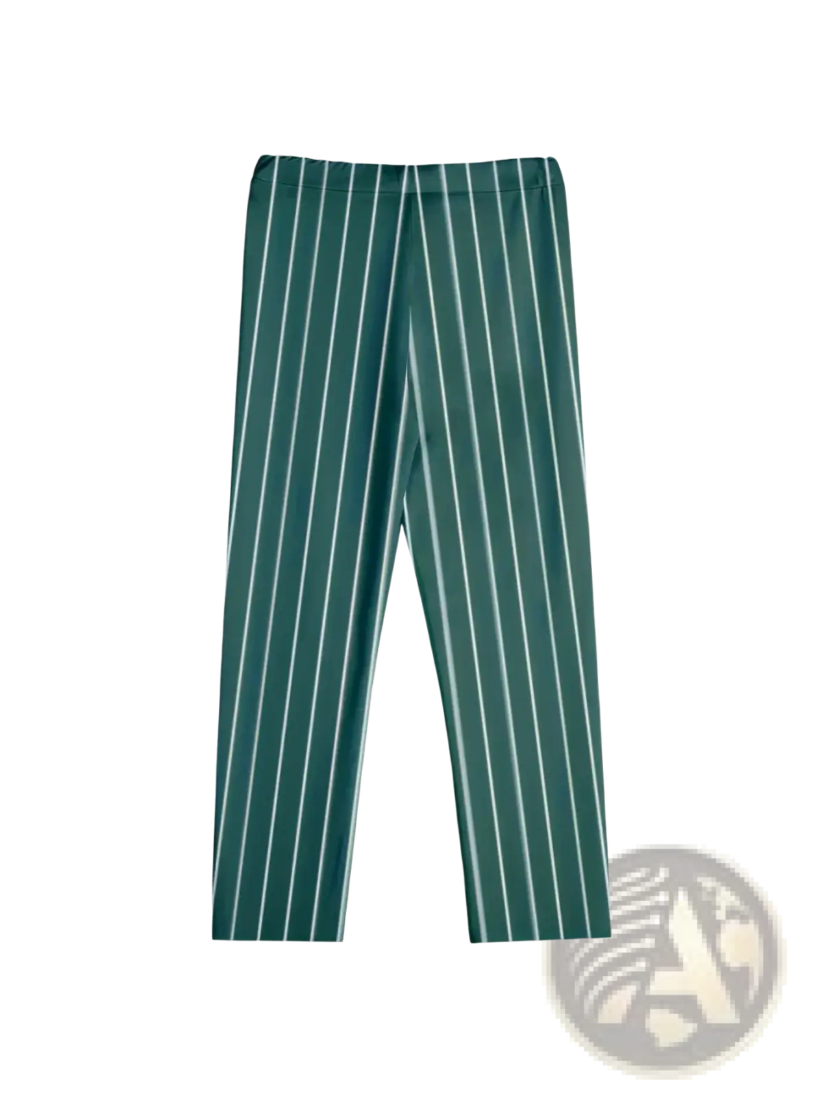 Men’s striped casual dress pants in dark green with thin vertical white pinstripes suitable for formal wear