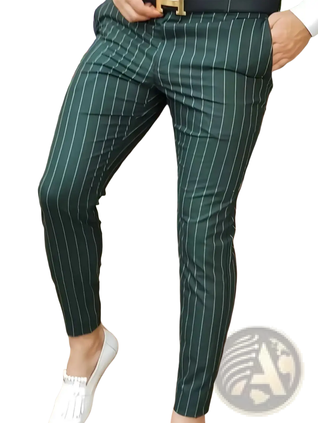 Men’s dark green slim fit pinstripe casual dress pants with white vertical stripes ideal for formal occasions