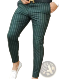 Men’s dark green slim fit pinstripe casual dress pants with white vertical stripes ideal for formal occasions