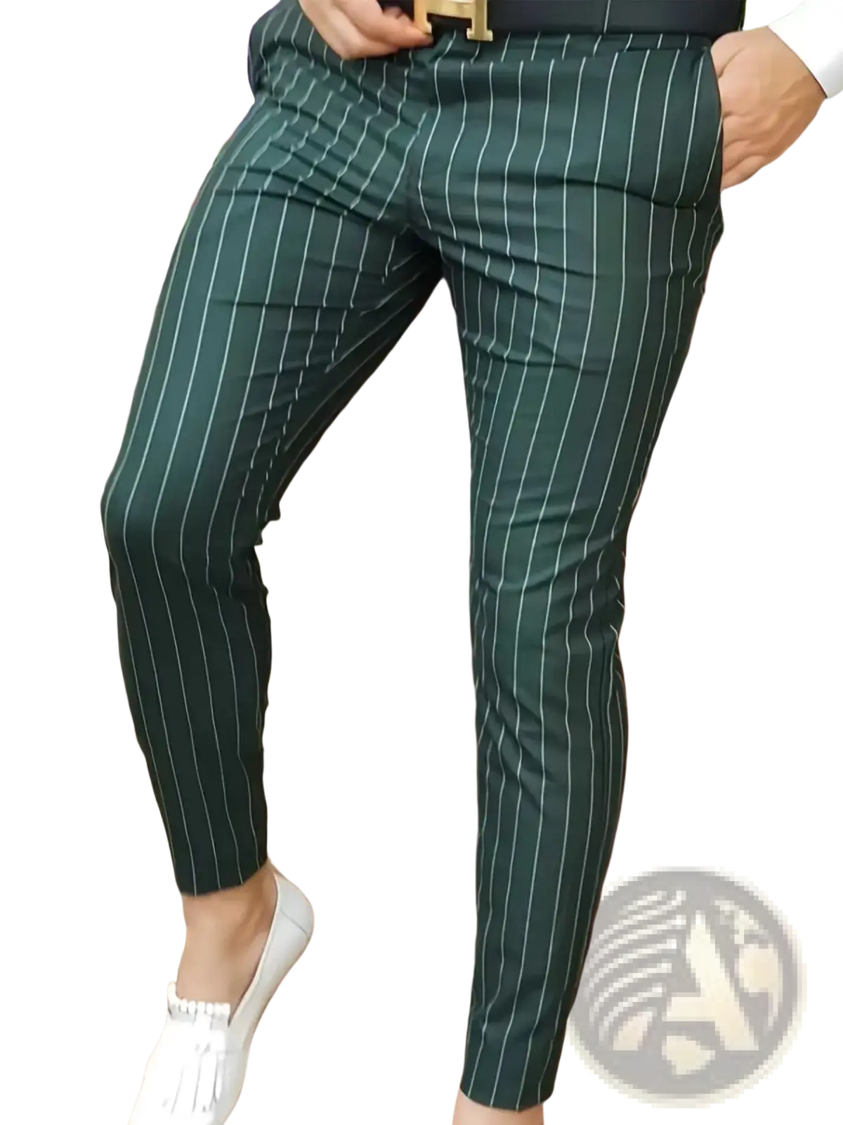 Men’s dark green slim fit pinstripe casual dress pants with white vertical stripes ideal for formal occasions