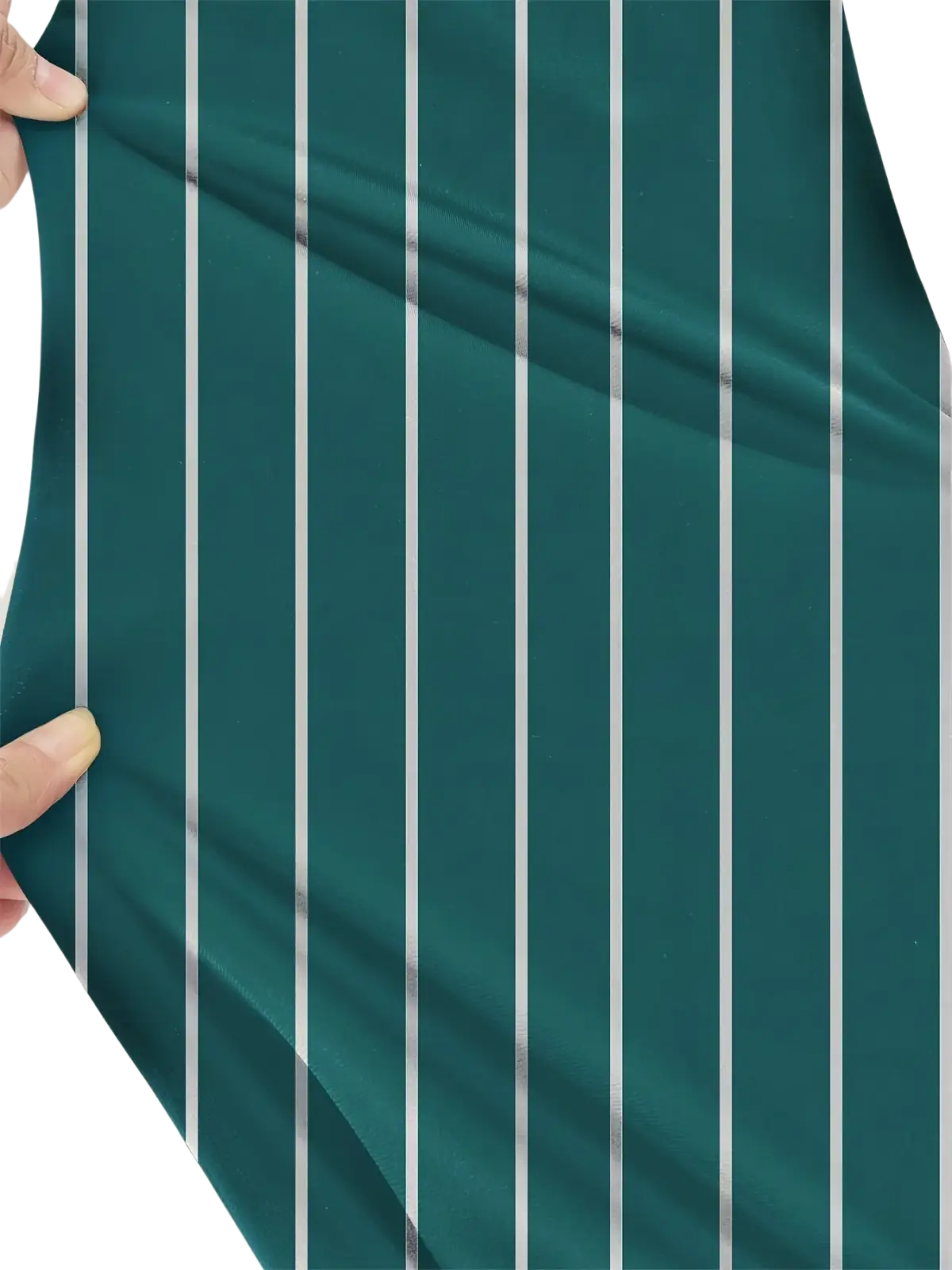 Teal men’s striped casual dress pants fabric with vertical silver stripes held taut by fingers