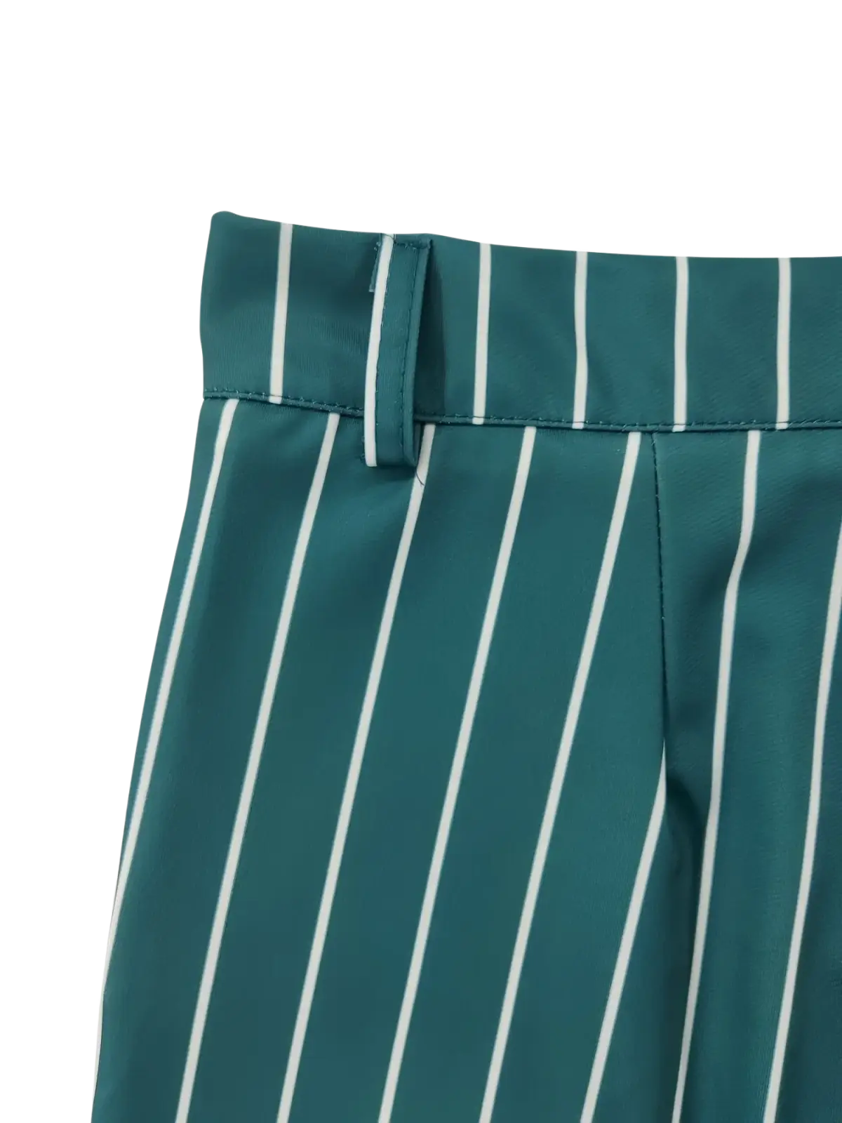 Men’s striped casual dress pants in teal and white with vertically striped smooth slightly glossy fabric