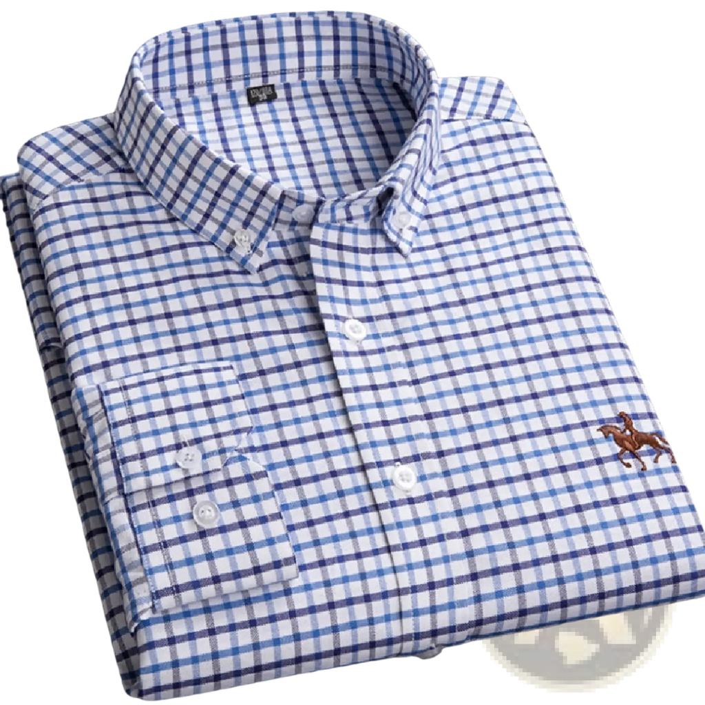 Men’s blue and white checkered cotton button down shirt with brown embroidered polo player logo on left chest
