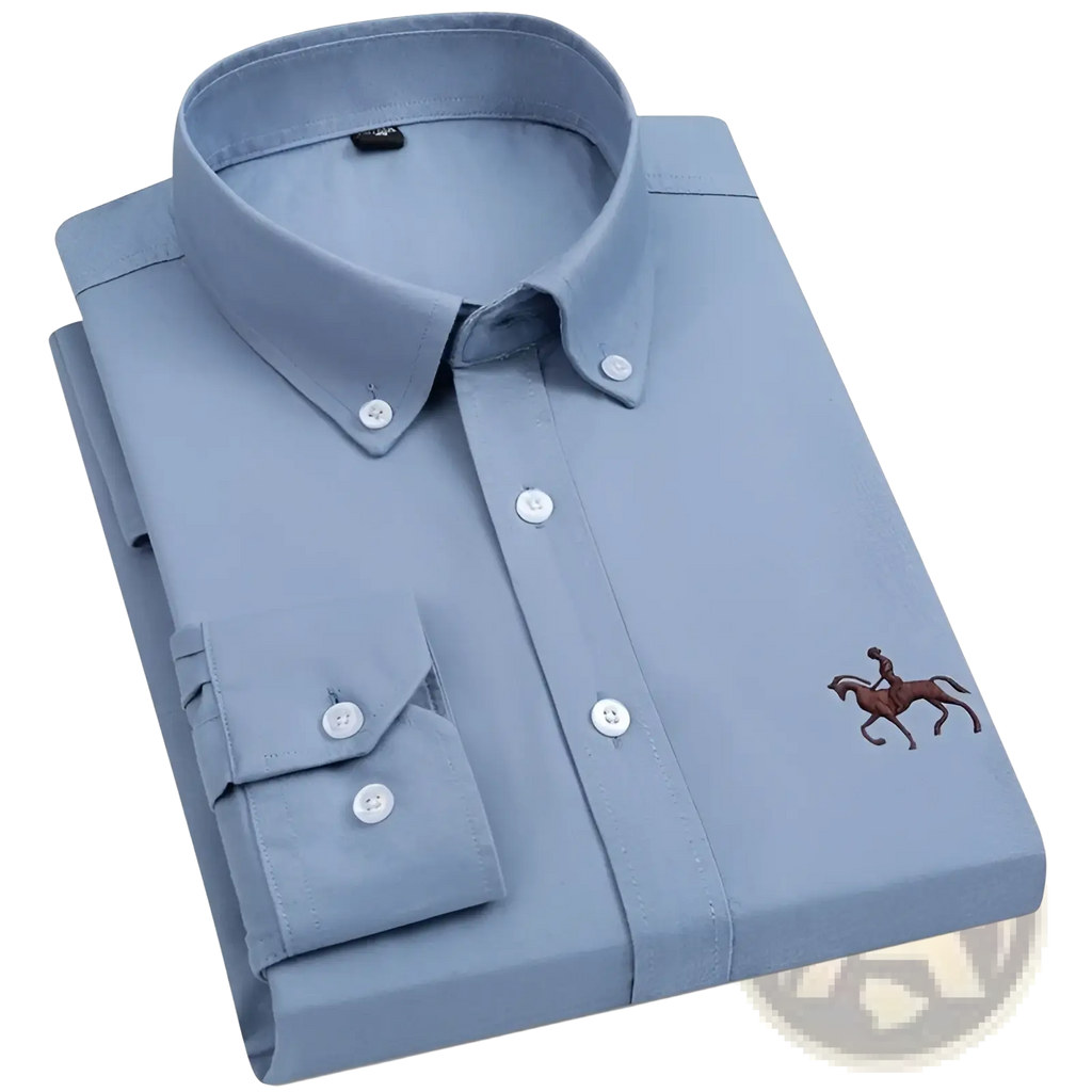 Men’s light blue oxford cotton button-down shirt with subtle embroidered jockey on horse design for casual wear