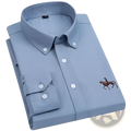 Men’s light blue oxford cotton button-down shirt with subtle embroidered jockey on horse design for casual wear