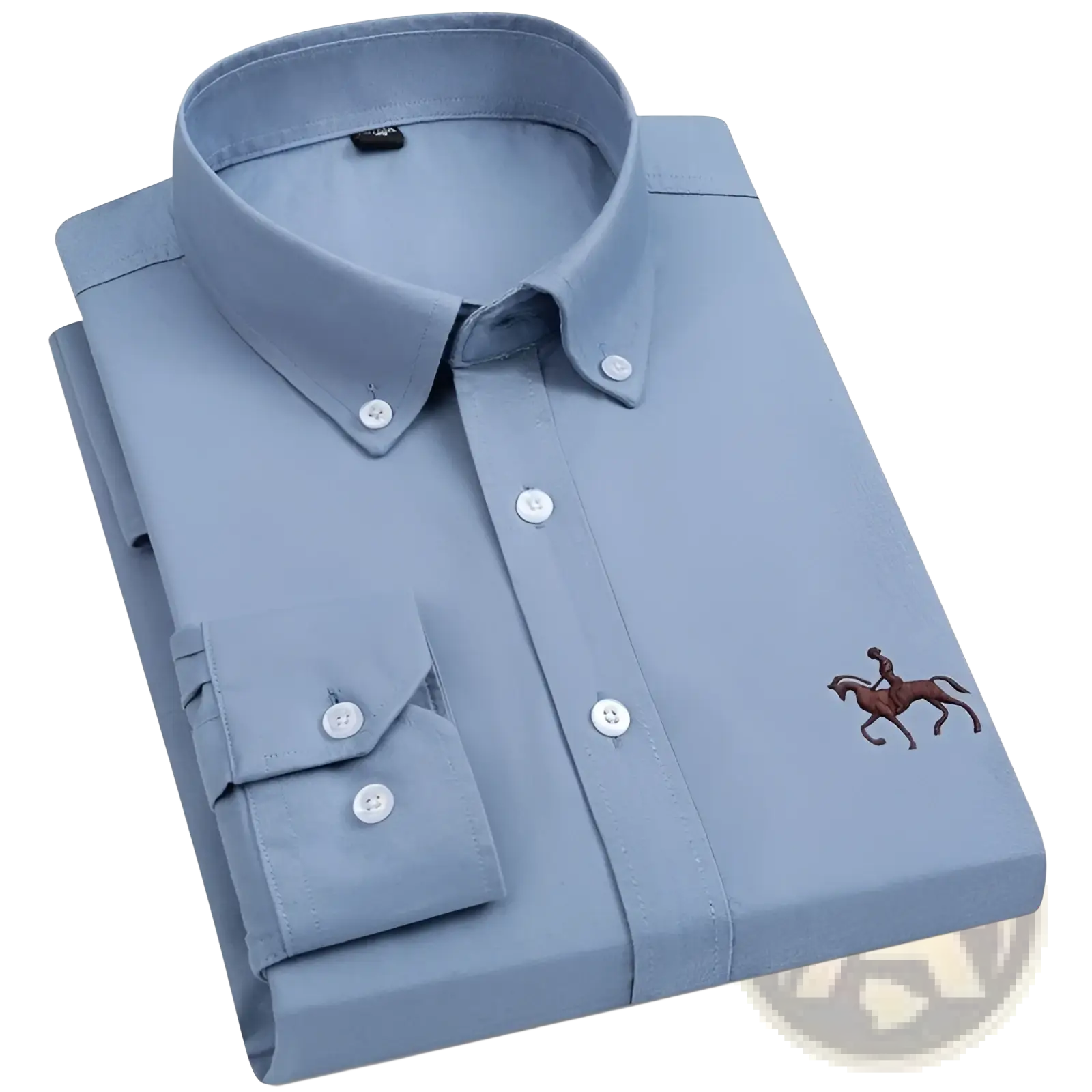 Men’s light blue oxford cotton button-down shirt with subtle embroidered jockey on horse design for casual wear