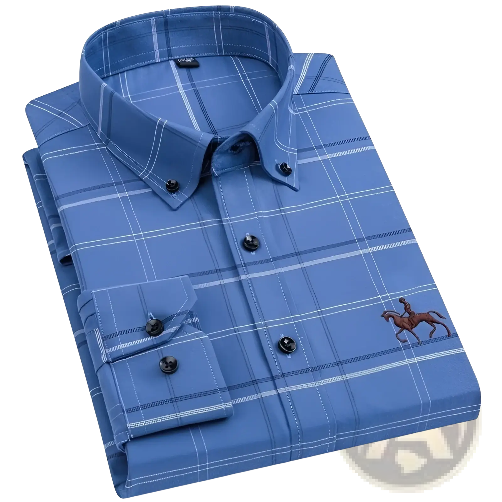 Men’s striped cotton button down shirt in blue plaid with white grid pattern black buttons and embroidered jockey design