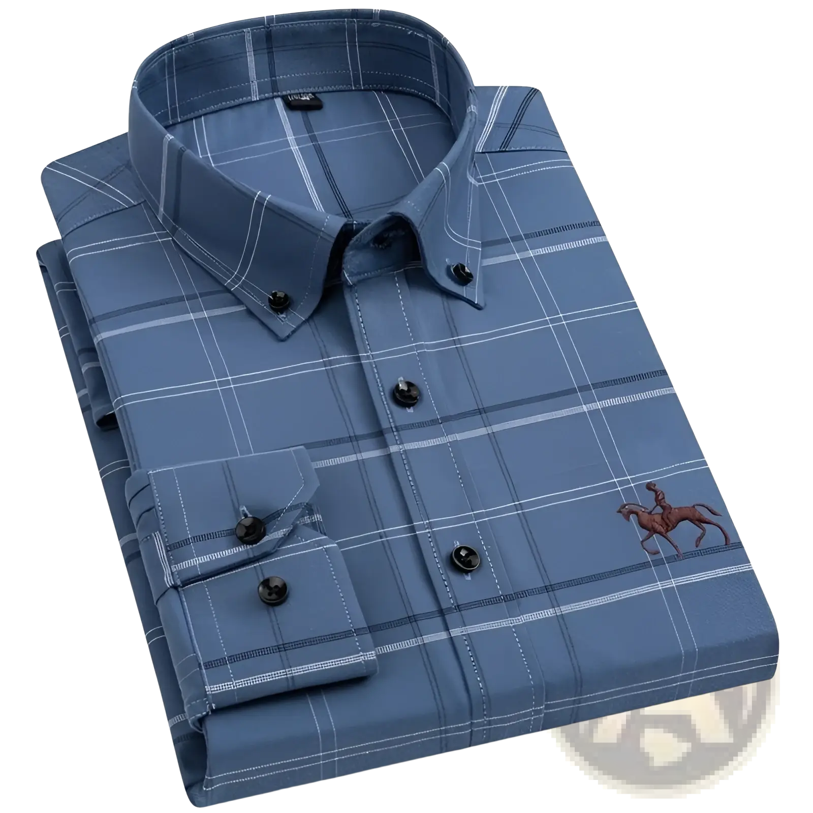 Men’s striped cotton button-down shirt in blue plaid with white grid pattern black buttons and embroidered horse rider on chest