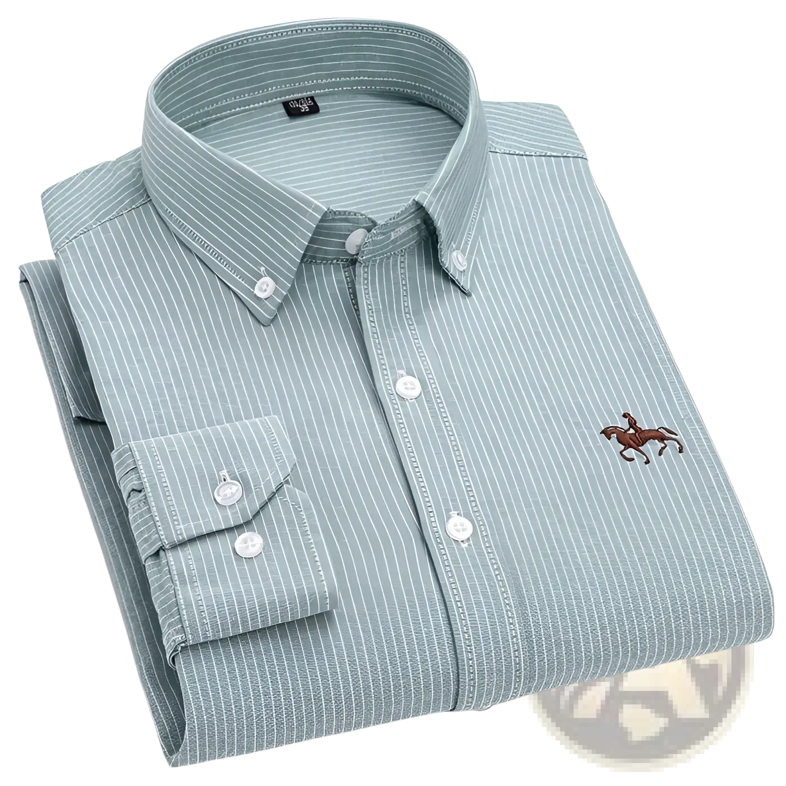 Men’s striped cotton embroidered button down shirt in light blue and white with small horse logo on left chest