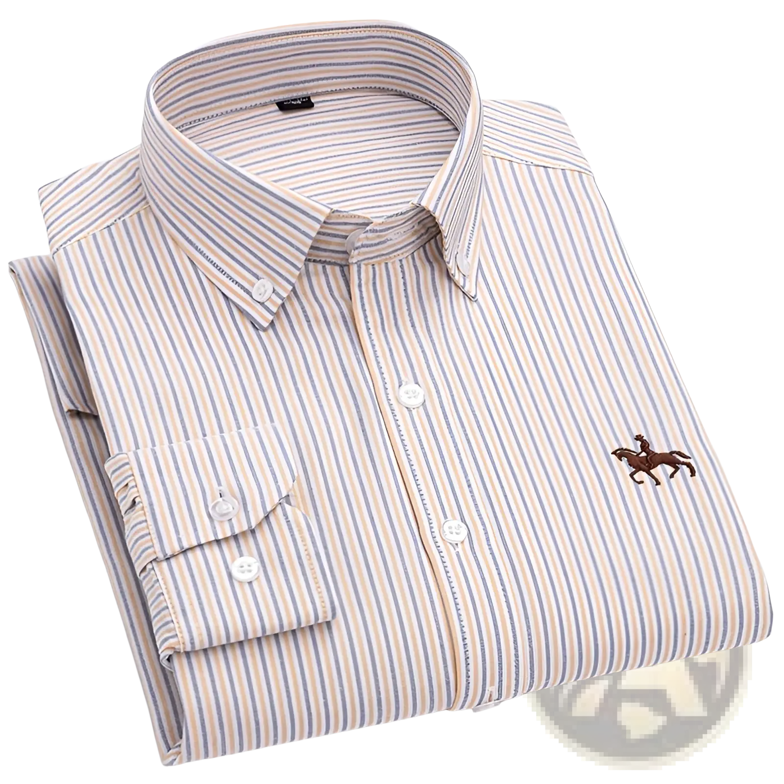 A neatly folded men’s long-sleeved striped cotton button-down shirt in beige and blue with embroidered horse logo