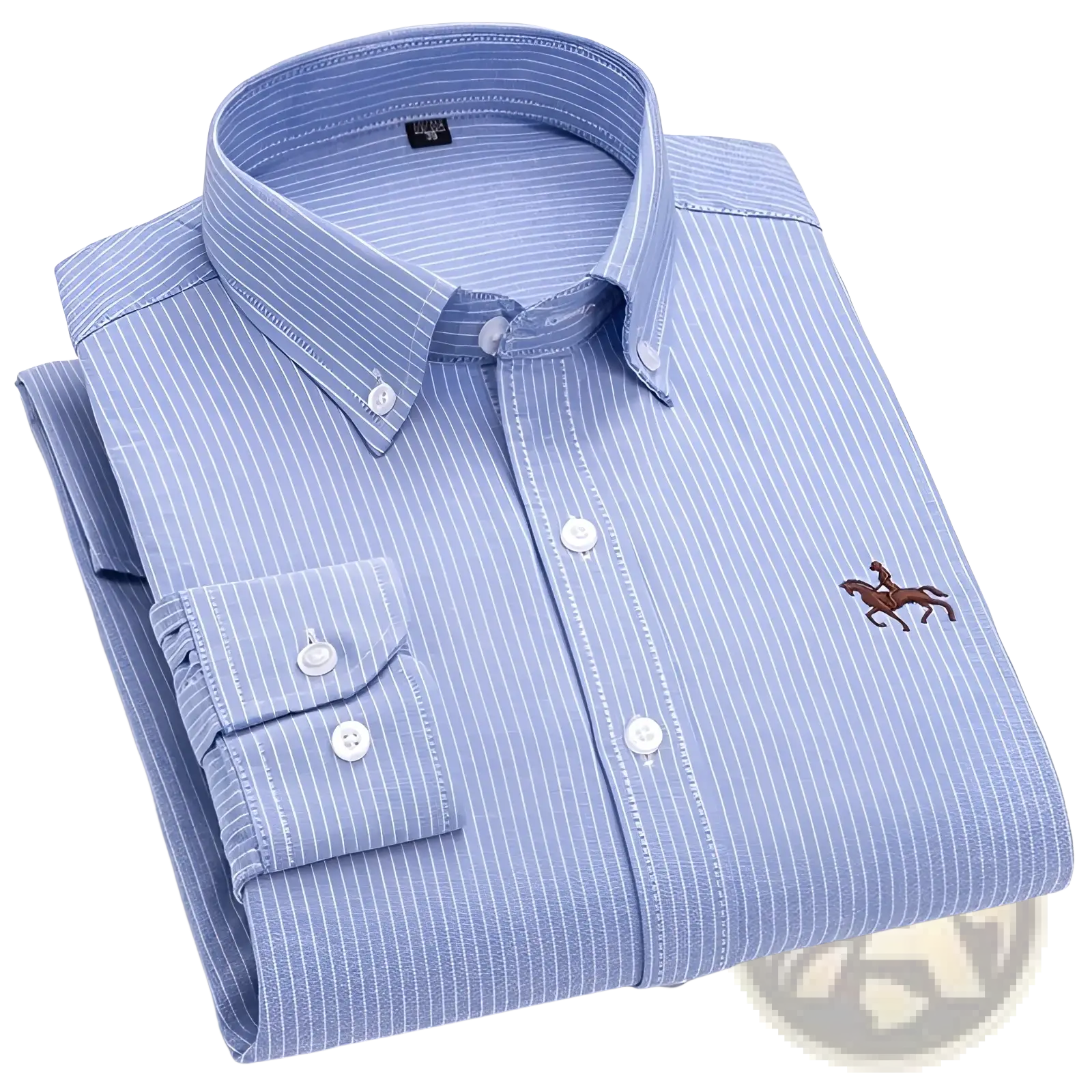 Men’s light blue striped cotton button down shirt with a brown embroidered horse logo on the chest