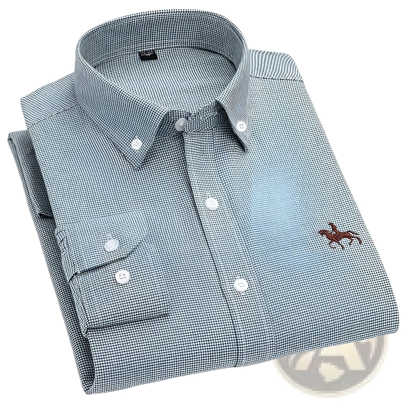 Men’s striped cotton button-down shirt in light blue and white houndstooth with embroidered horse logo on the chest