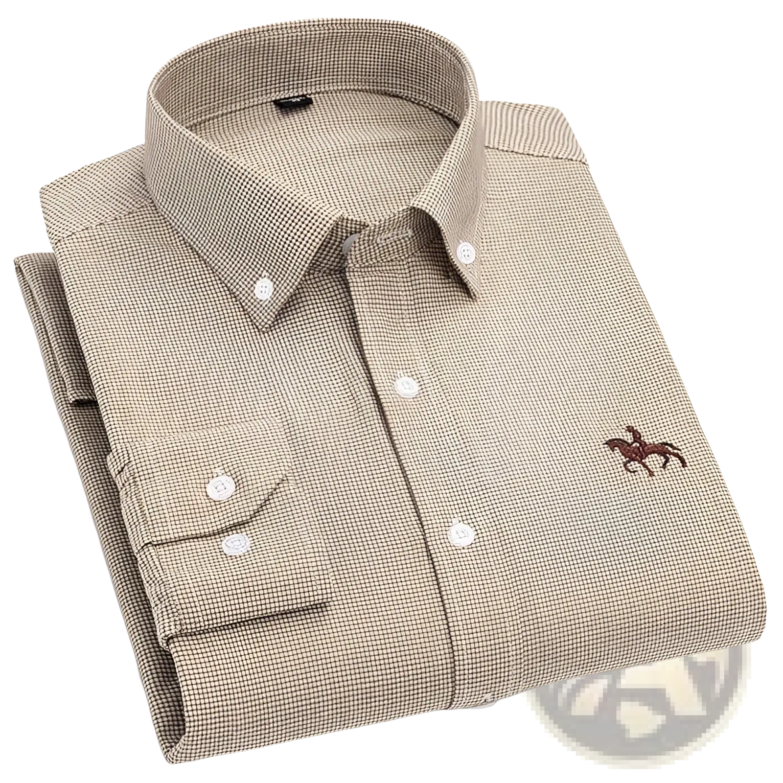 Men’s beige cotton houndstooth patterned long-sleeved button-down shirt with embroidered horse logo on left chest